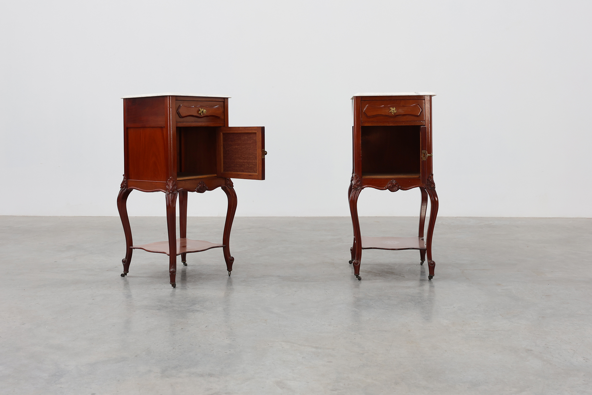 Pair of Walnut Louis XV style nightstands with Carrara marble tops, France ca. 1900thumbnail